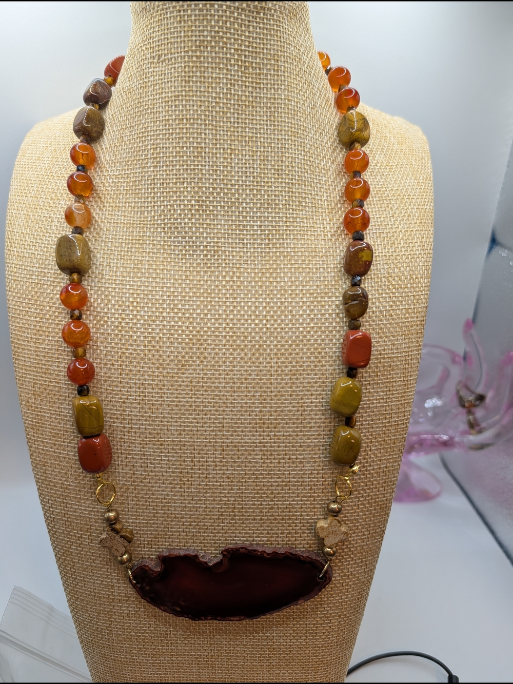 Handmade Carnelian Agate & Mixed-Stone Long Necklace in Burnt Orange and Olive